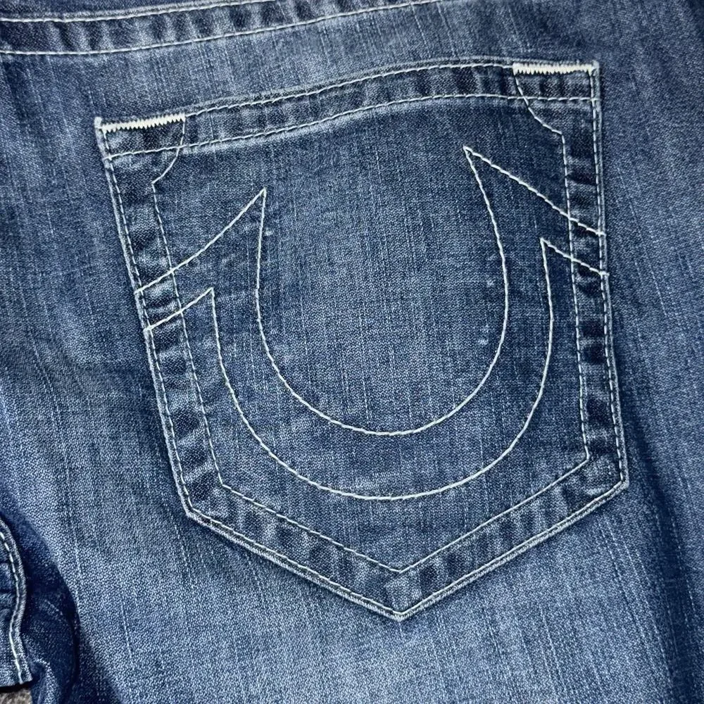 True Religion Mens 40 Skinny Fit Jeans Blue Distressed Denim‎ Designer USA